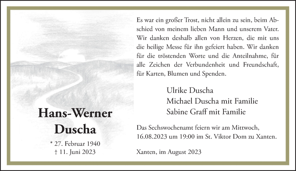  Traueranzeige für Hans-Werner Duscha vom 12.08.2023 aus NNA