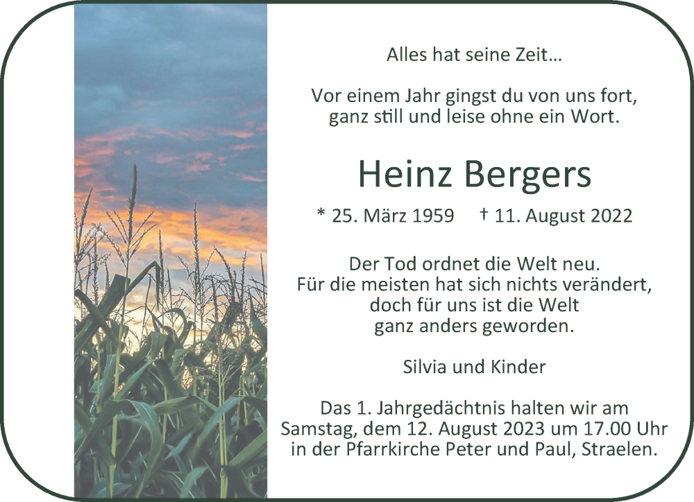  Traueranzeige für Heinz Bergers vom 05.08.2023 aus NNA