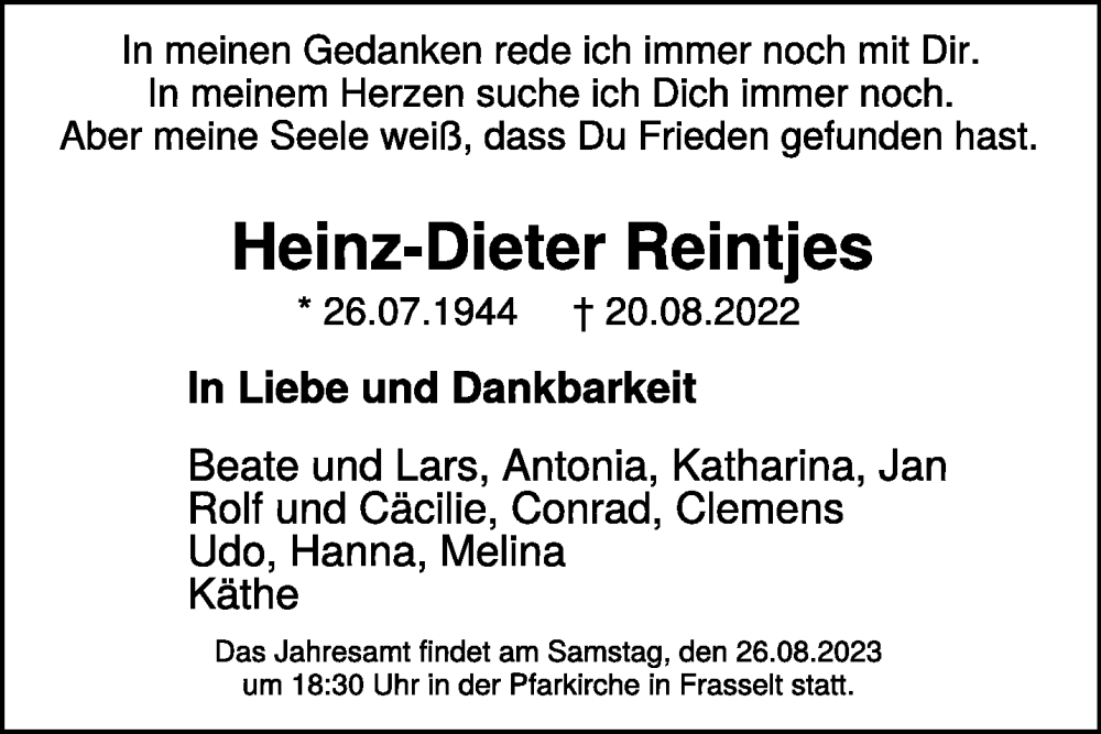  Traueranzeige für Heinz-Dieter Reintjes vom 19.08.2023 aus NNA