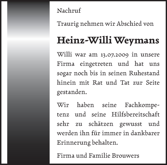 Traueranzeige von Heinz-Willi Weymans von NNA