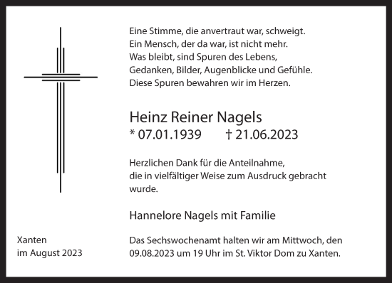 Traueranzeige von Heinz Reiner Nagels von NNA