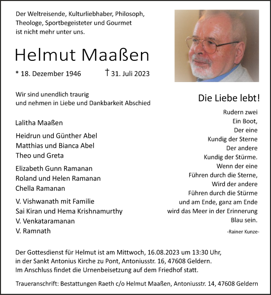 Traueranzeige von Helmut Maaßen von NNA
