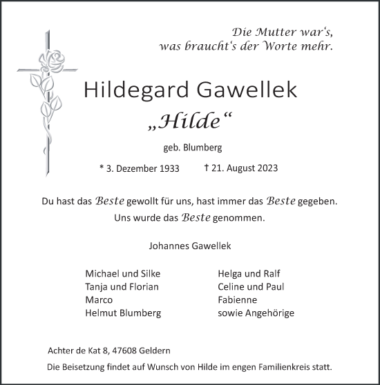 Traueranzeige von Hildegard Gawellek von NNA