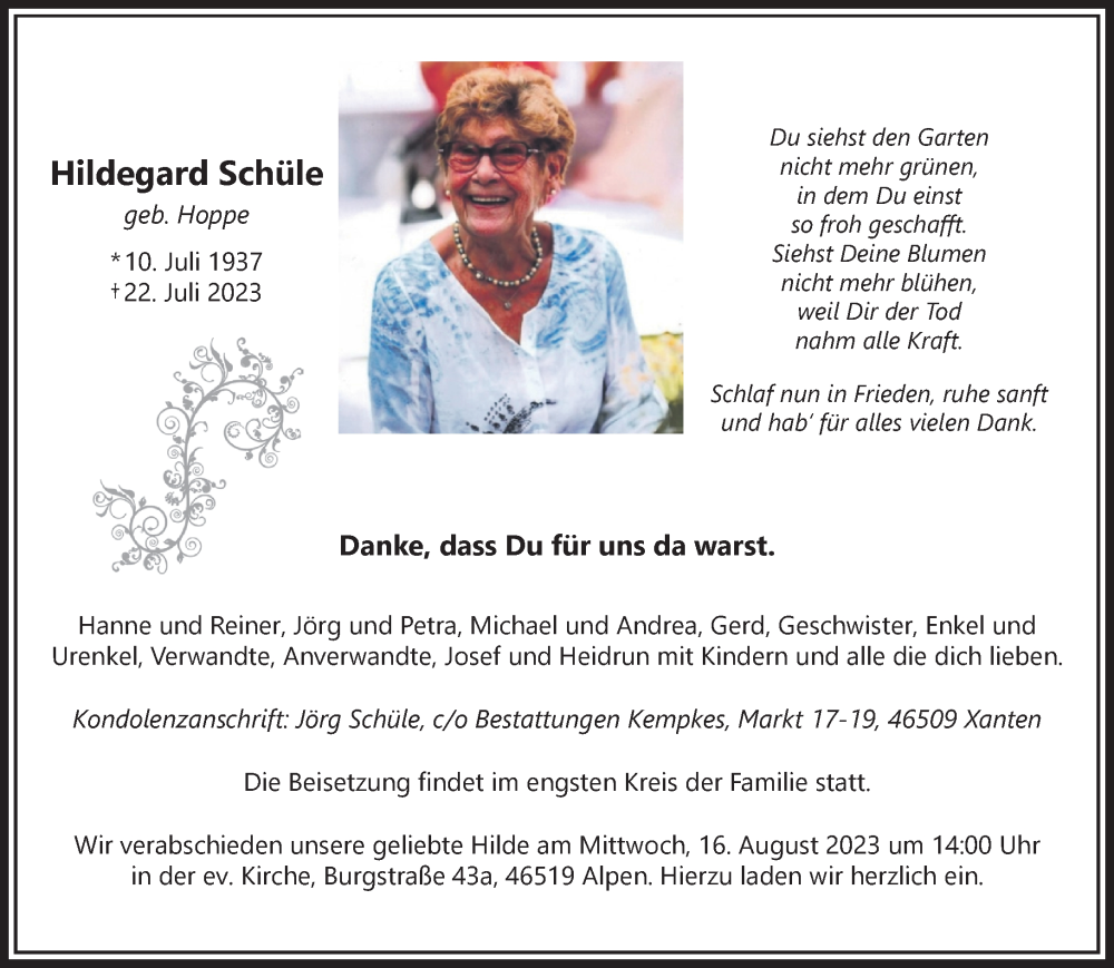  Traueranzeige für Hildegard Schüle vom 05.08.2023 aus NNA