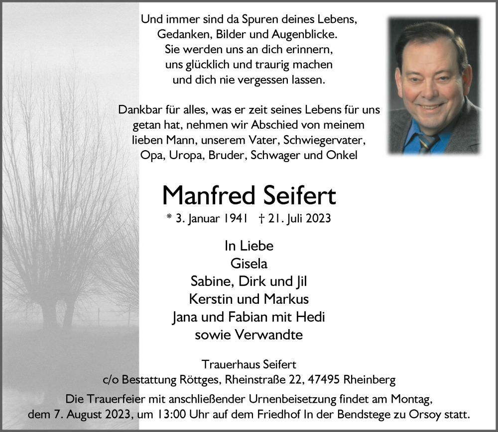  Traueranzeige für Manfred Seifert vom 02.08.2023 aus NNA