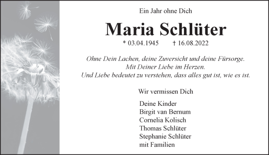 Traueranzeige von Maria Schlüter von NNA