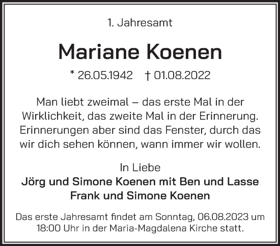 Traueranzeige von Mariane Koenen von NNA