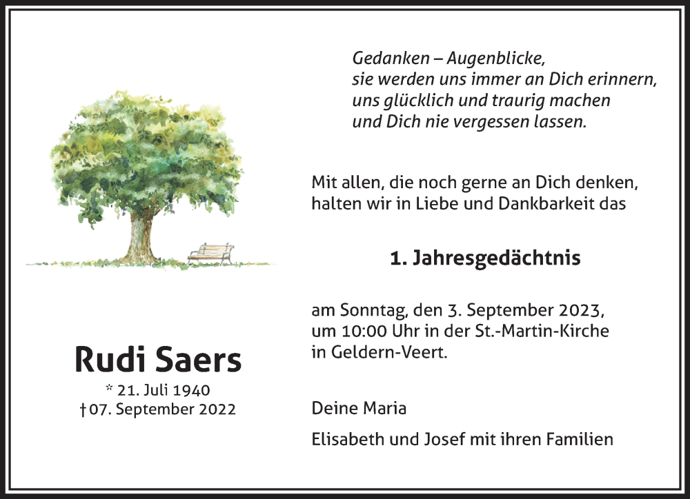  Traueranzeige für Rudi Saers vom 26.08.2023 aus NNA