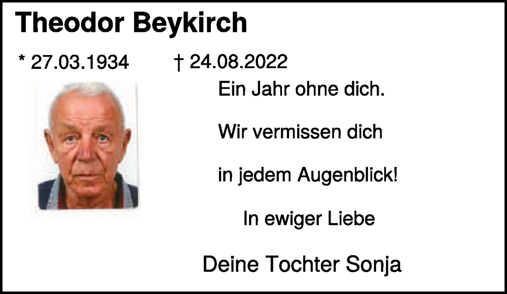  Traueranzeige für Theodor Beykirch vom 26.08.2023 aus NNA