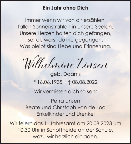 Traueranzeige von Wilhelmine Linsen von NNA