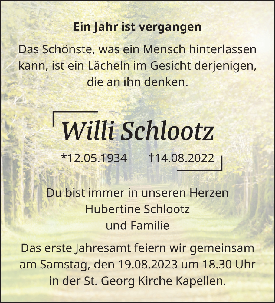  Traueranzeige für Willi Schlootz vom 12.08.2023 aus NNA