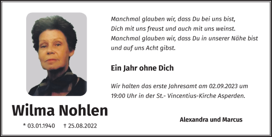 Traueranzeige von Wilma Hohlen von NNA