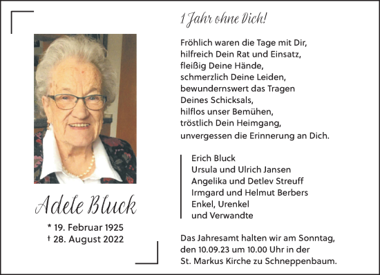 Traueranzeige von Adele Bluck von NNA
