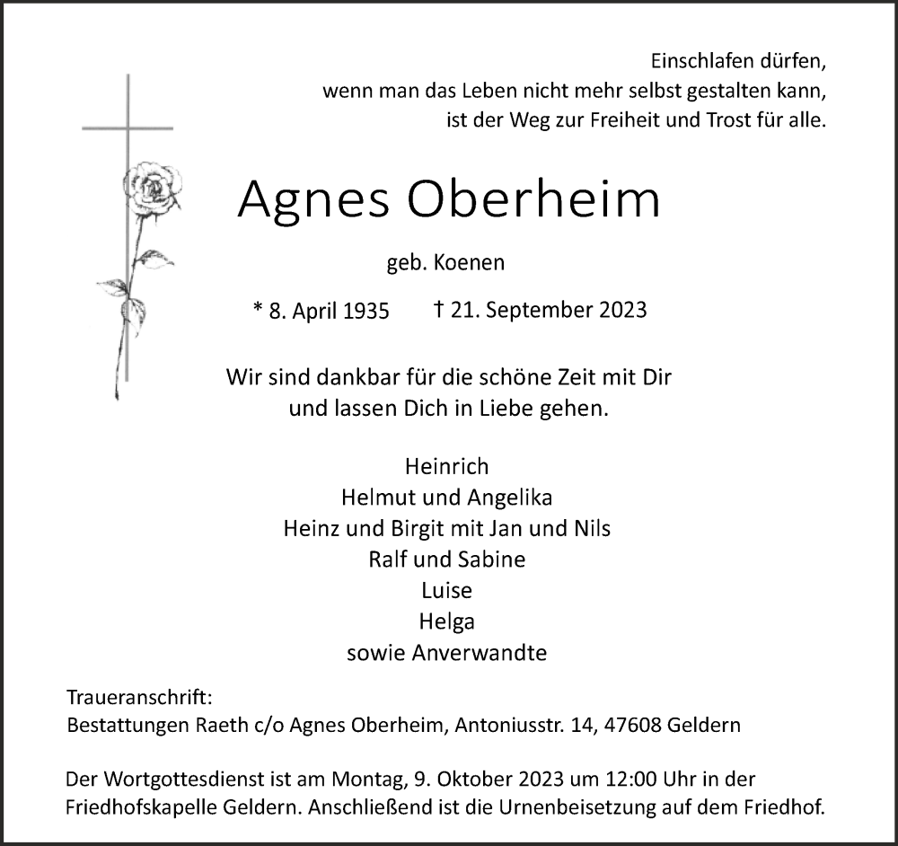  Traueranzeige für Agnes Oberheim vom 30.09.2023 aus NNA