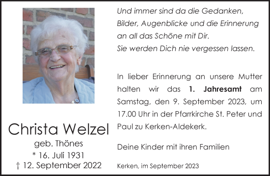 Traueranzeige von Christa Welzel von NNA