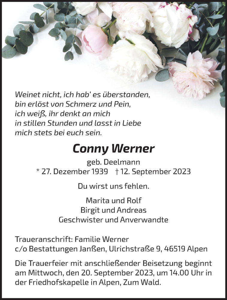  Traueranzeige für Conny Werner vom 16.09.2023 aus NNA