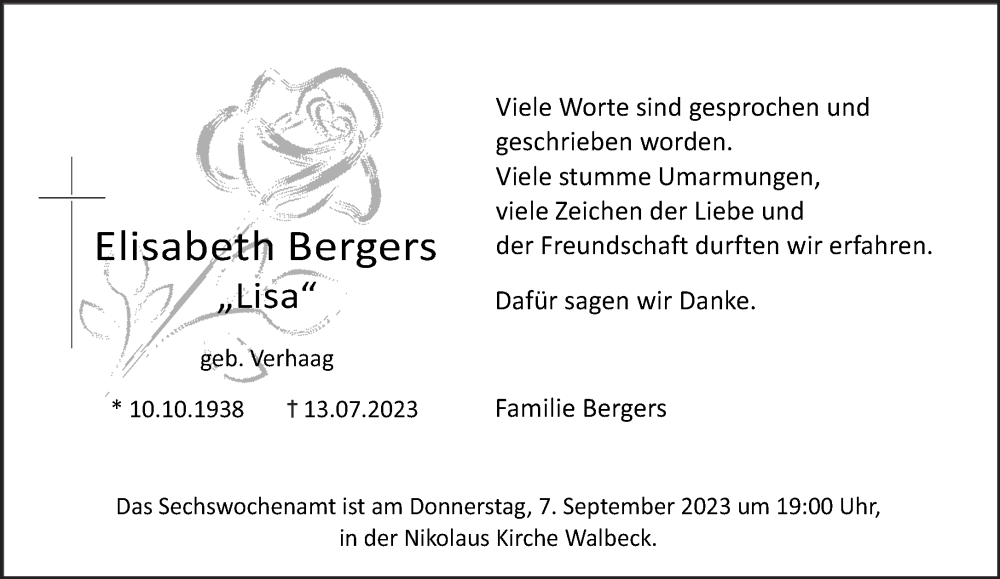  Traueranzeige für Elisabeth Bergers vom 02.09.2023 aus NNA