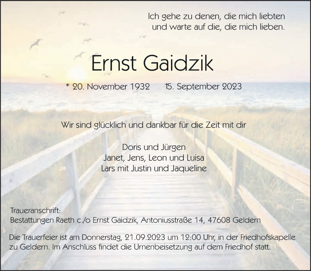  Traueranzeige für Ernst Gaidzik vom 16.09.2023 aus NNA