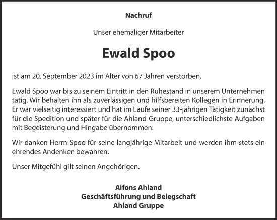 Traueranzeige von Ewald Spoo von NNA