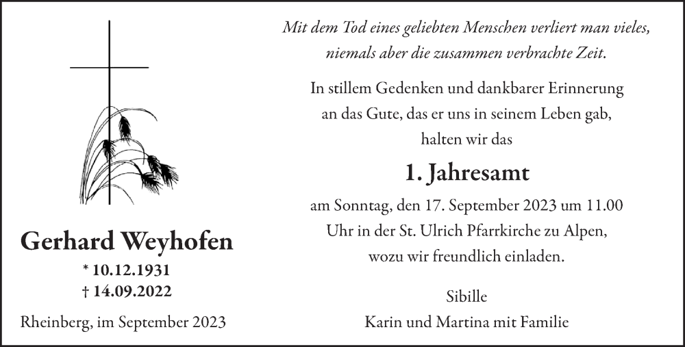  Traueranzeige für Gerhard Weyhofen vom 13.09.2023 aus NNA
