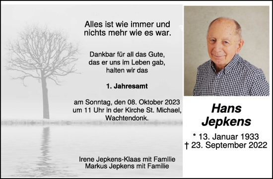 Traueranzeige von Hans Jepkens von NNA