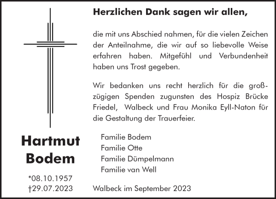 Traueranzeige von Hartmut Bodem von NNA