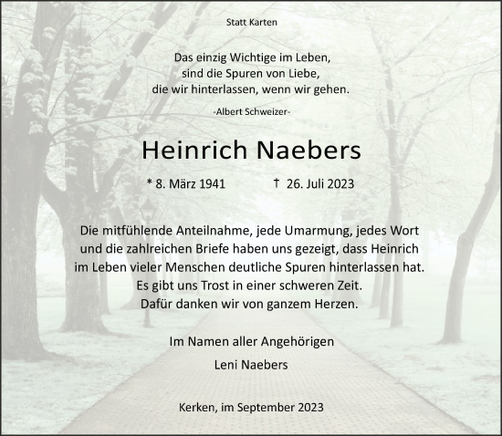 Traueranzeige von Heinrich Naebers von NNA