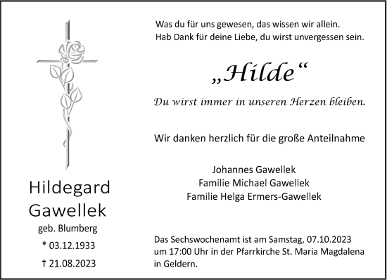 Traueranzeige von Hildegard Gawellek von NNA