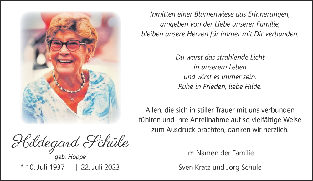  Traueranzeige für Hildegard Schüle vom 02.09.2023 aus NNA