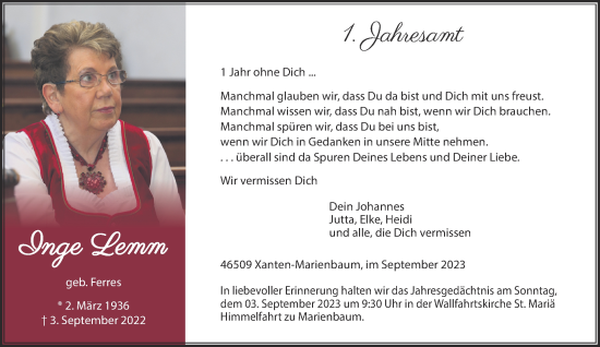 Traueranzeige von Inge Lemm von NNA
