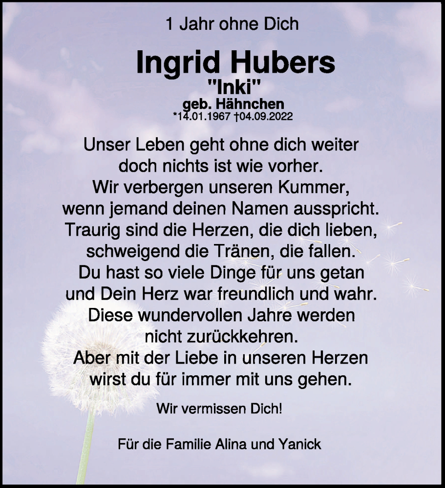  Traueranzeige für Ingrid Hubers vom 02.09.2023 aus NNA