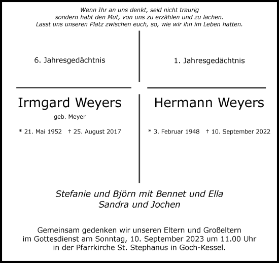 Traueranzeige von Irmgard und Hermann Weyers von NNA