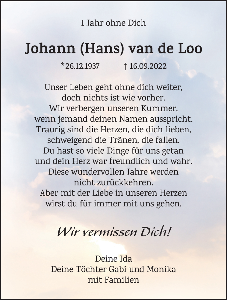  Traueranzeige für Johann van de Loo vom 16.09.2023 aus NNA