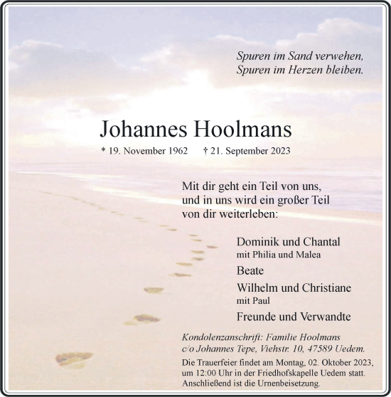 Traueranzeige von Johannes Hoolmans von NNA
