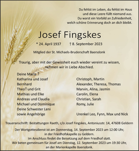 Traueranzeige von Josef Fingskes von NNA