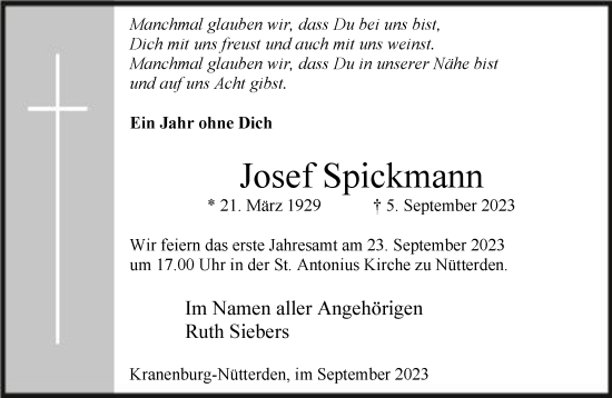 Traueranzeige von Josef Spickmann von NNA