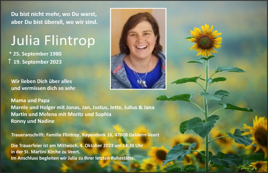 Traueranzeige von Julia Flintrop von NNA