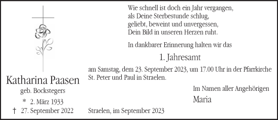 Traueranzeige von Katharina Paasen von NNA