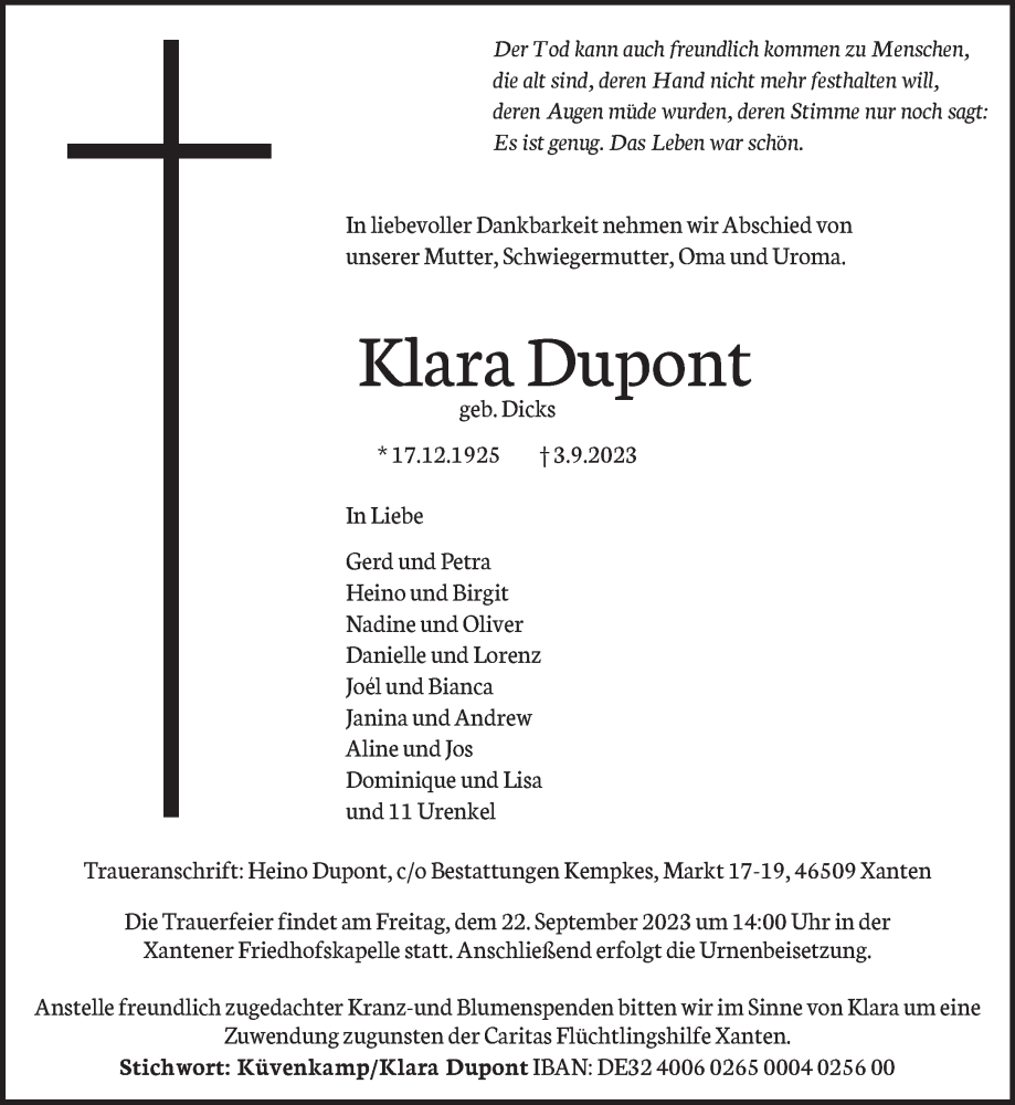  Traueranzeige für Klara Dupont vom 16.09.2023 aus NNA