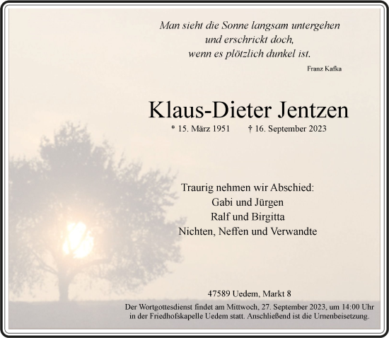 Traueranzeige von Klaus-Dieter Jentzen von NNA