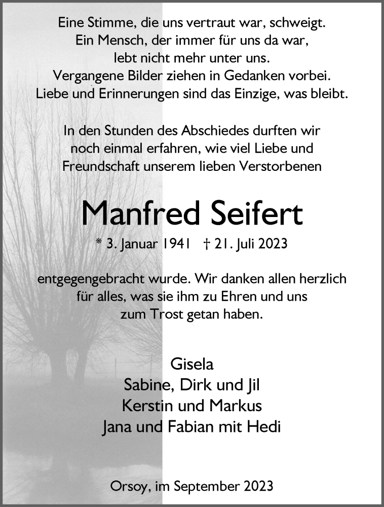  Traueranzeige für Manfred Seifert vom 13.09.2023 aus NNA
