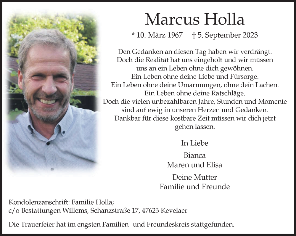  Traueranzeige für Marcus Holla vom 16.09.2023 aus NNA