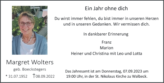 Traueranzeige von Margret Wolters von NNA
