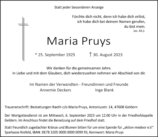 Traueranzeige von Maria Pruys von NNA