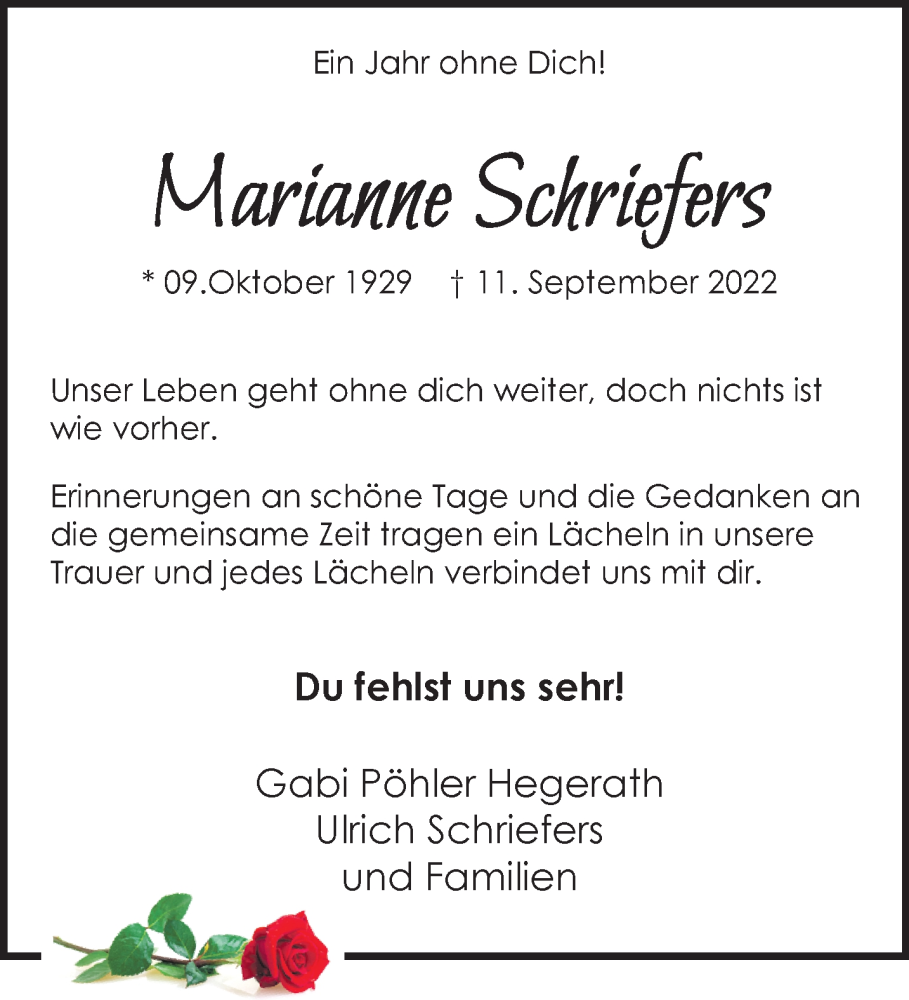  Traueranzeige für Marianne Schriefers vom 13.09.2023 aus NNA