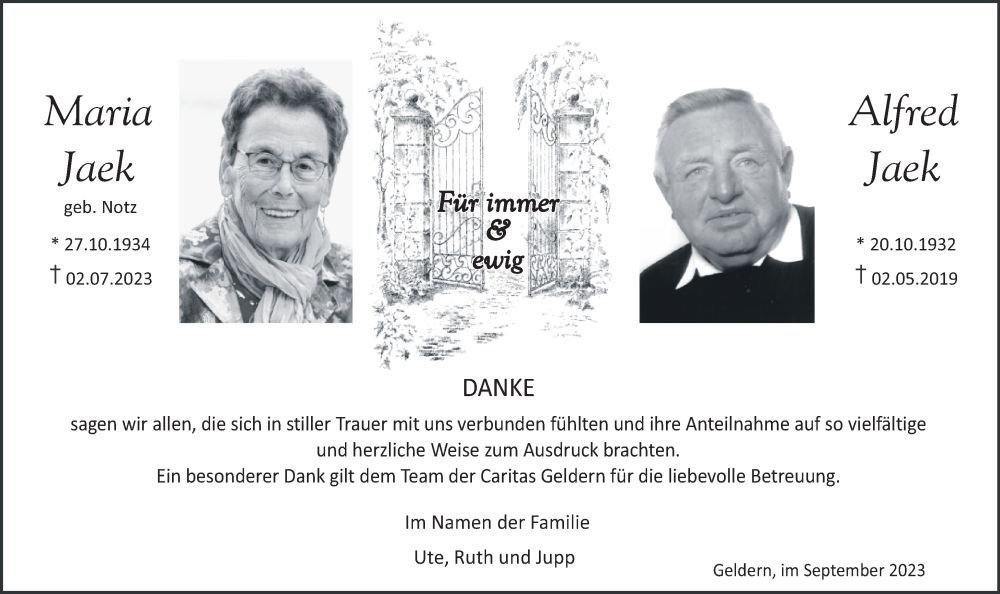  Traueranzeige für Maria und Alfred Jaek vom 02.09.2023 aus NNA