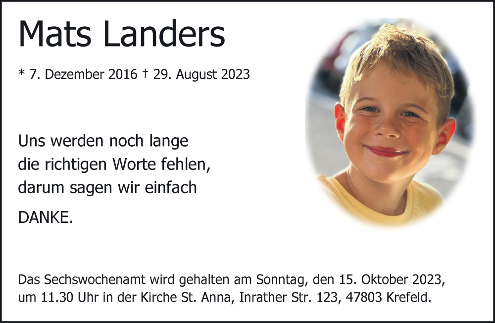  Traueranzeige für Mats Landers vom 23.09.2023 aus NNA