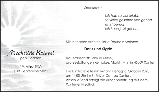 Traueranzeige von Mechtilde Krissel von NNA