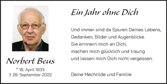 Traueranzeige von Norbert Beus von NNA