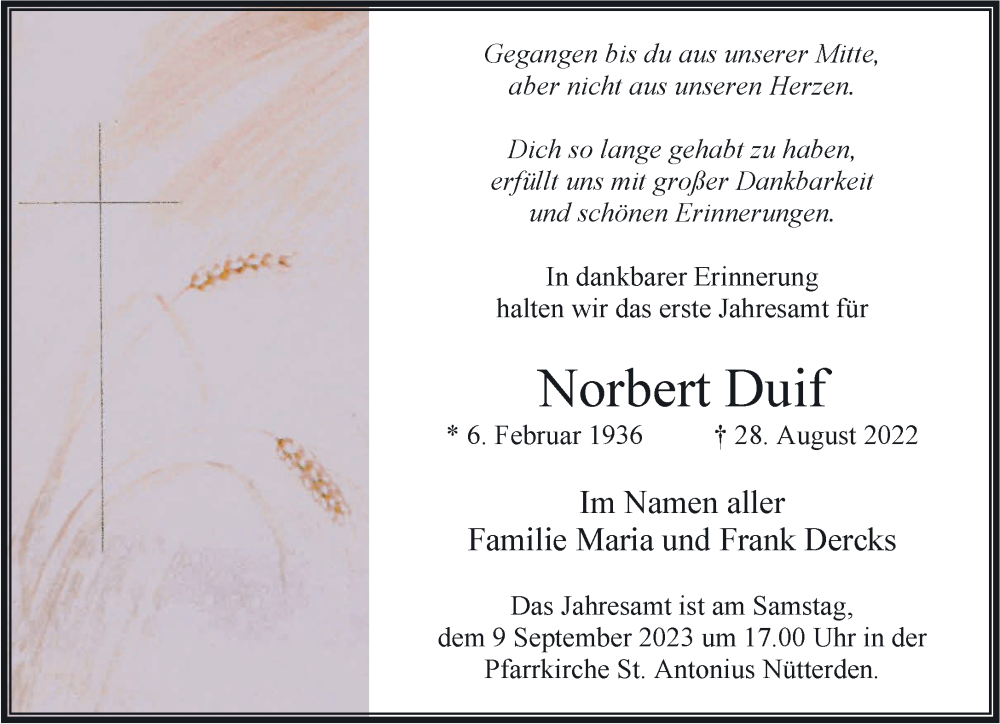 Traueranzeige für Norbert Duif vom 02.09.2023 aus NNA